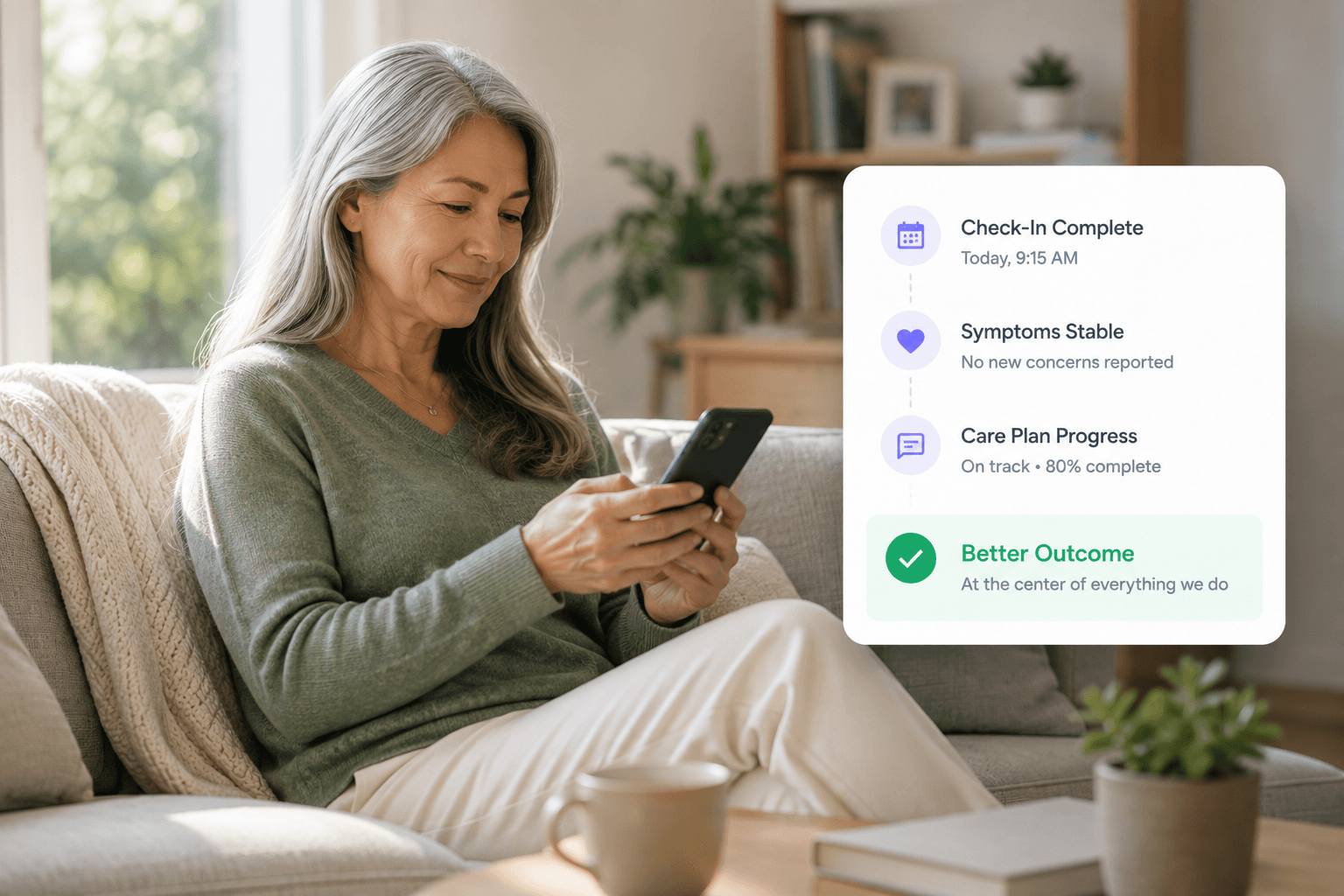 Patient managing care plan at home on her phone
