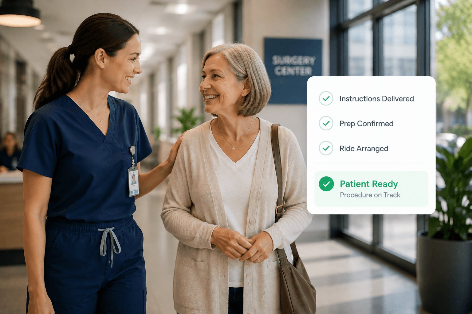 Nurse guiding a patient through a surgery center